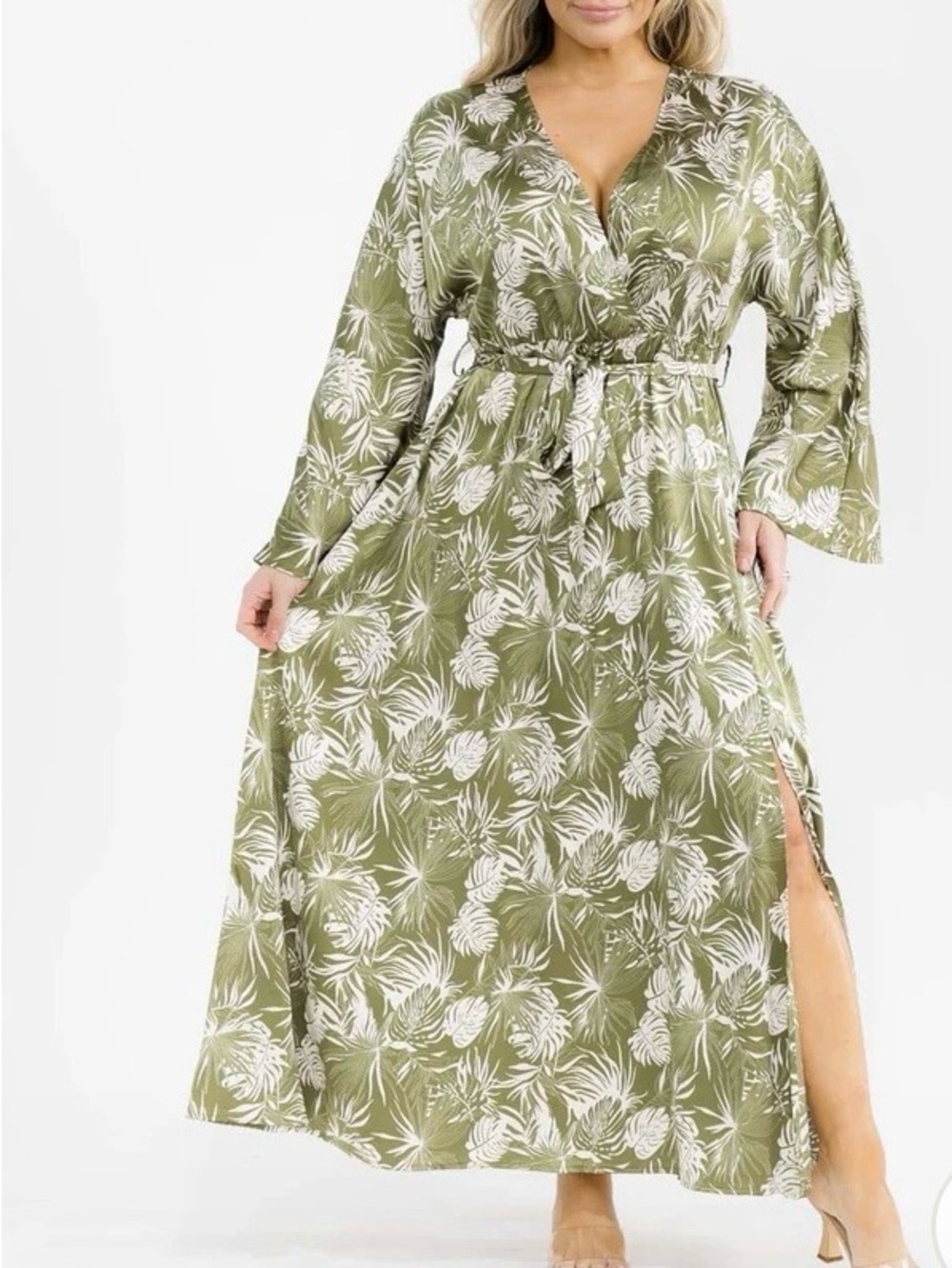 1166.  Olive Green Tropical Print Maxi Dress